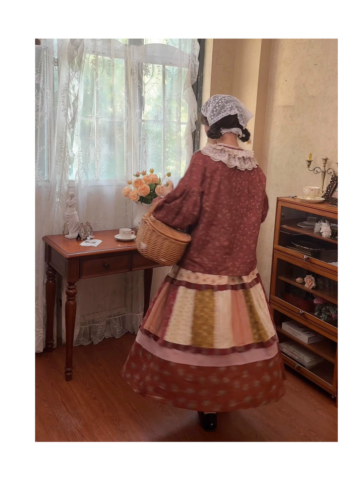 Mori Kei Skirt Retro Plaid Patchwork Floral Long Skirt 41800:714004