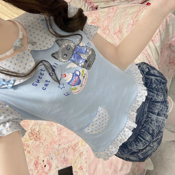 Kawaii T-shirt Cute Cat Print Top Flying Sleeve Shirt 38734:599626