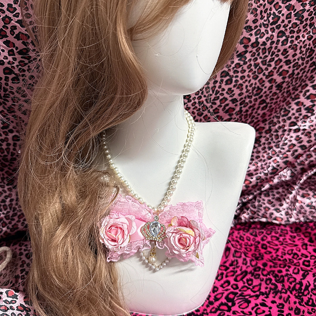 Gyaru Pearl Necklace, Floral or Heart Rhinestone Style 45564:854934