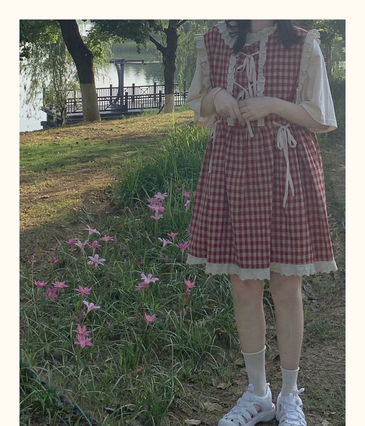 Kawaii Dress Mori Kei Dress Plaid Vest Dress Cotton Linen Dress 36450:523356