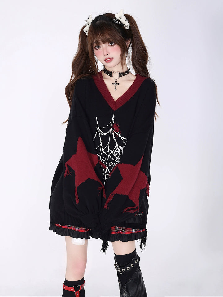 Plus Size Subculture Sweater Spider Web Sweater V-neck Sweater 39688:633880