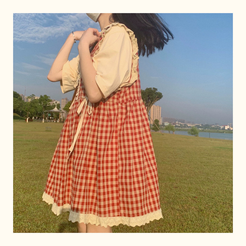 Kawaii Dress Mori Kei Dress Plaid Vest Dress Cotton Linen Dress 36450:523352 36450:523352