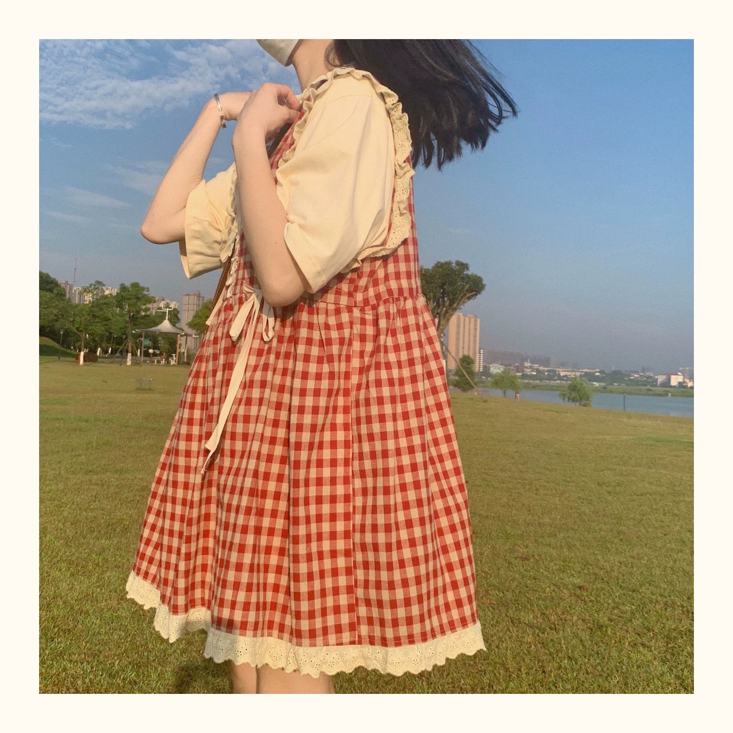 Kawaii Dress Mori Kei Dress Plaid Vest Dress Cotton Linen Dress 36450:523352