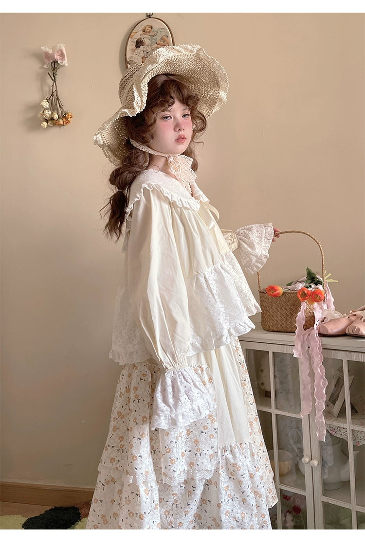 Mori Kei Skirt Patchwork Floral Skirt High Waist Cotton Skirt 36558:531050