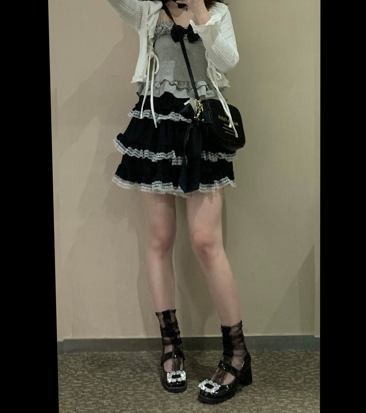 Jirai Kei Black And Pink Tiered Lace Skirt (Black) 21798:318524