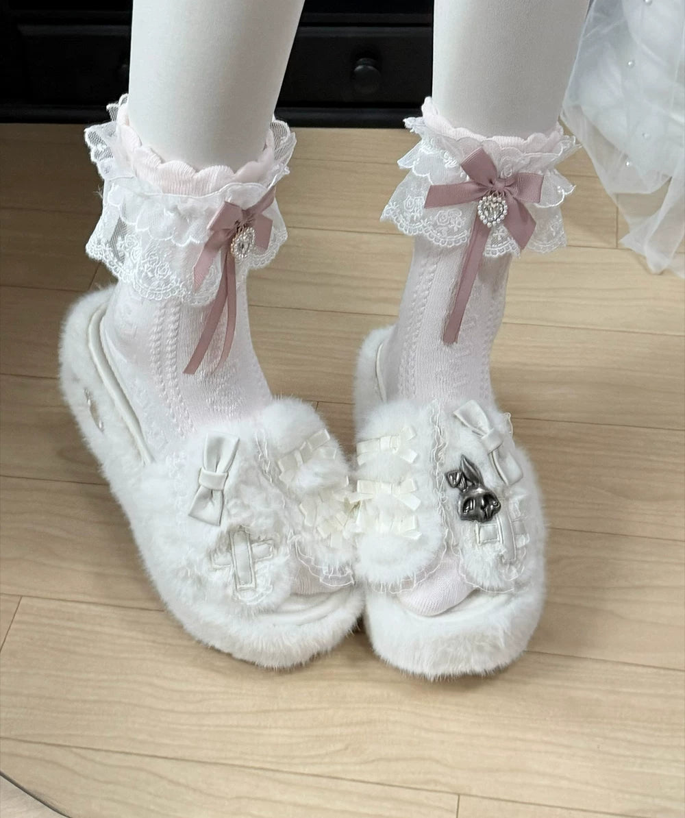 Jirai Kei Plush Wedge Platform Slippers, Bunny & Bow Accents (35 36 37 38 39 40 41) 45959:870509