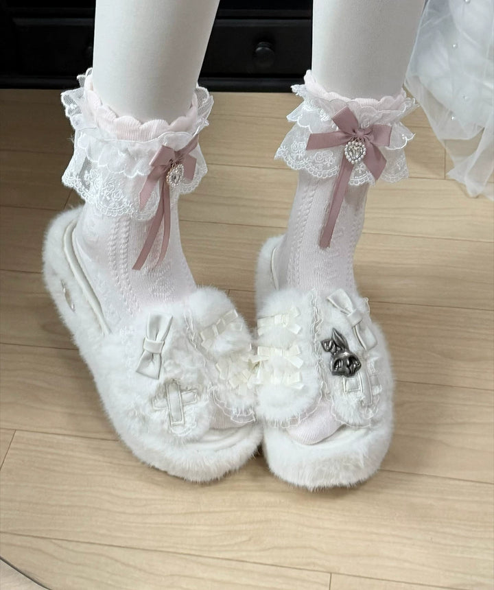 Jirai Kei Plush Wedge Platform Slippers, Bunny & Bow Accents (35 36 37 38 39 40 41) 45959:870509