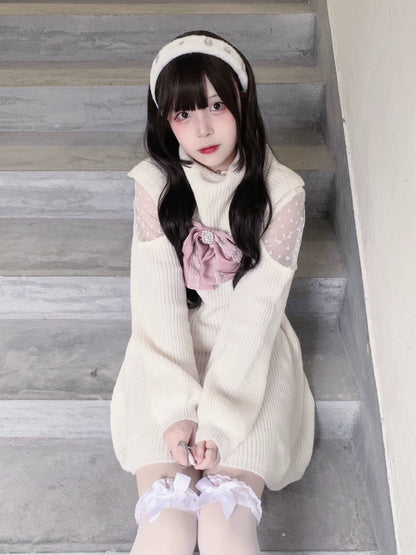 Jirai Kei White Sweater Dress Off-Shoulder Lace Dress 31844:372102