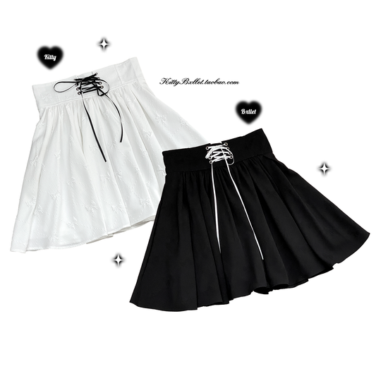 Ryousangata Skirt Black White High-Waisted Floral Ribbon Skirt 29538:374068
