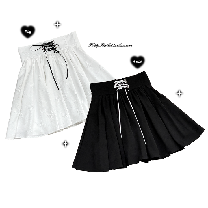 Ryousangata Skirt Black White High-Waisted Floral Ribbon Skirt 29538:374068 29538:374068