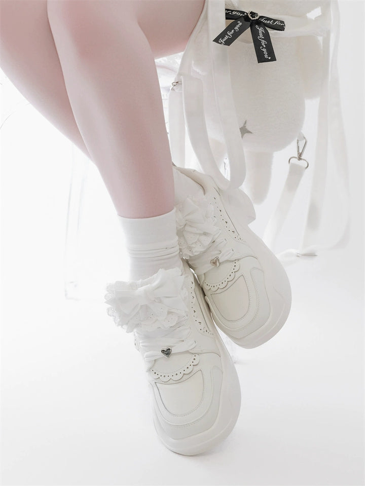 Jirai Kei Sneakers Platform Shoes With Lace Bow and Ruffle Trim 42161:729246