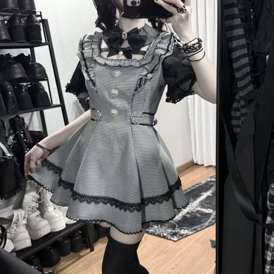 Jirai Kei Lace Sleeve Dress Set, Detachable Faux Collar 45261:842956