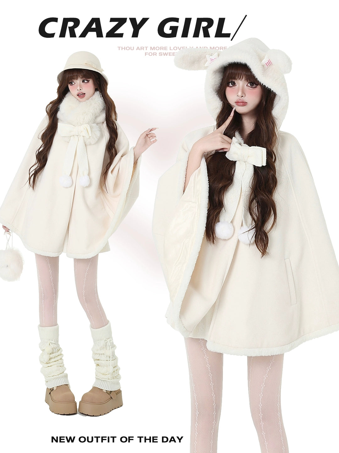 Jirai Kei Winter Coat White Bunny Ear Hooded Cape Coat 41056:684480