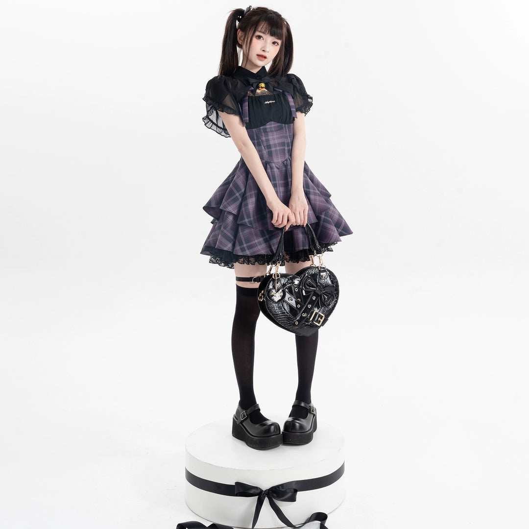 Gyaru Purple Plaid Dress With Lace Trim And Black Bolero 22508:323434