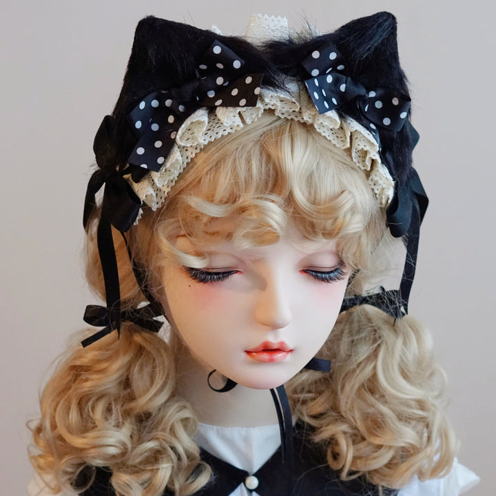 Lolita Headwear Handmade Cat Ears Hairband Black White Bow (19) 28946:332738 (19) 28946:332738