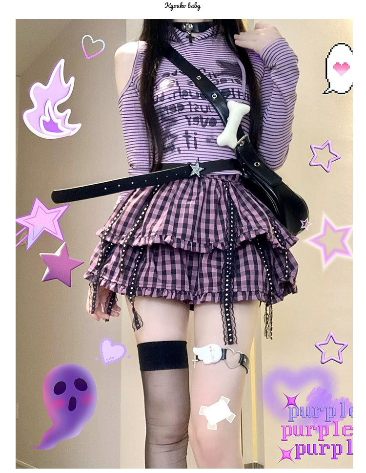 Jirai Kei Outfit Set Purple Bunny Ears Top Plaid Skirt 35824:506528 35824:506528