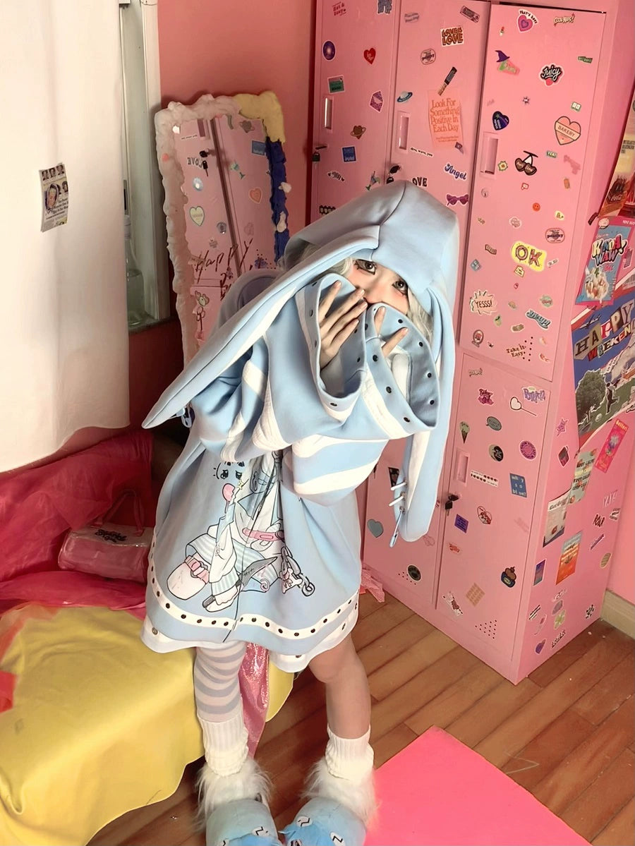 Y2K Winter Coat Rabbit Ear Hooded Anime Girl Printed Coat 33594:443970 33594:443970