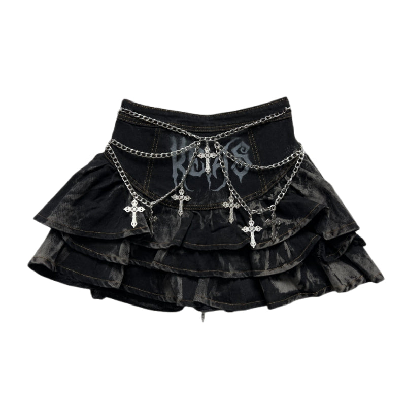 Gothic Puffy Skirt Subculture High Waist Denim Skirt (L M S) 37472:560812 (L M S) 37472:560812