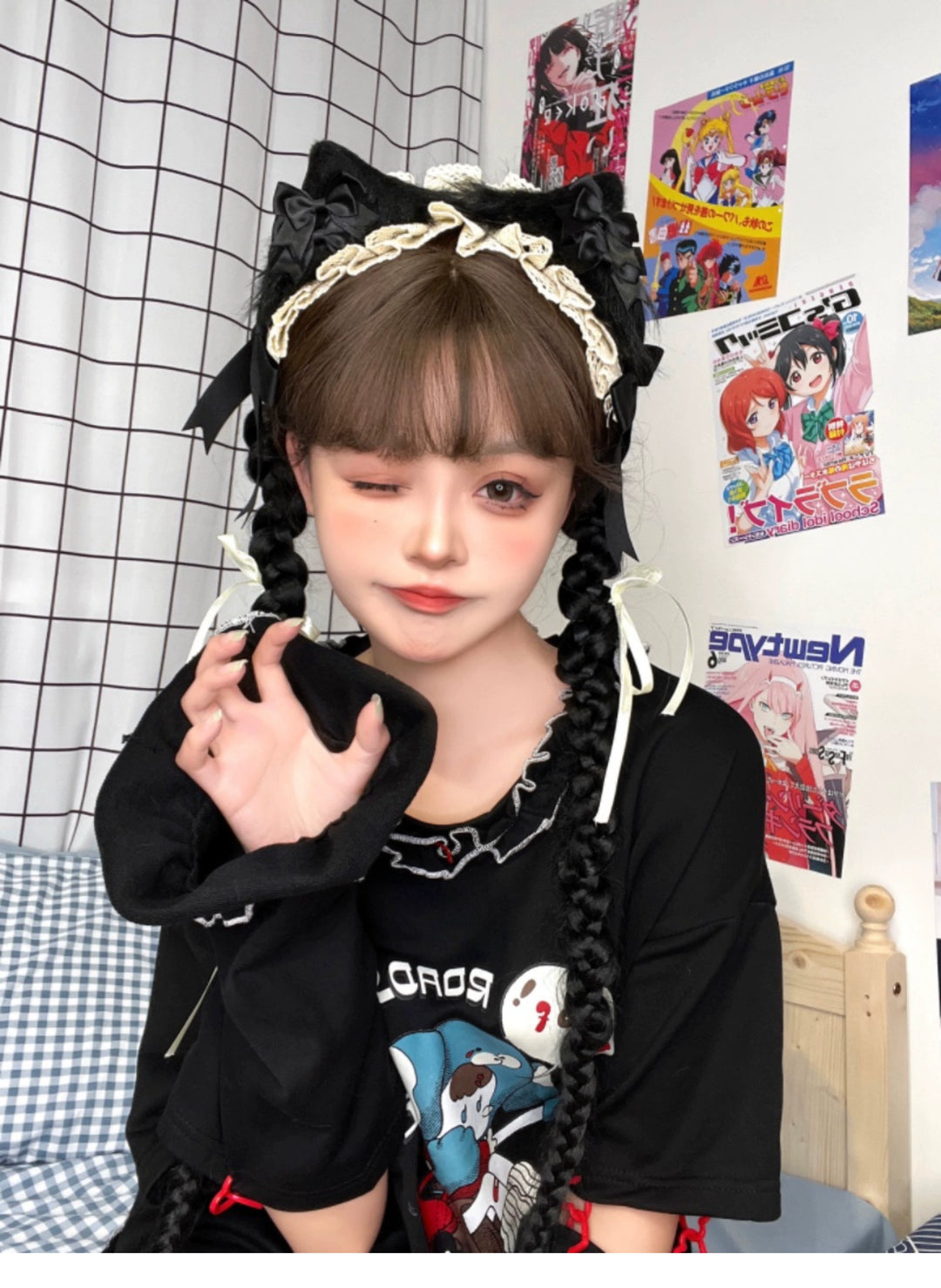 Lolita Headwear Handmade Cat Ears Hairband Black White Bow 28946:332726 (7) 28946:332726