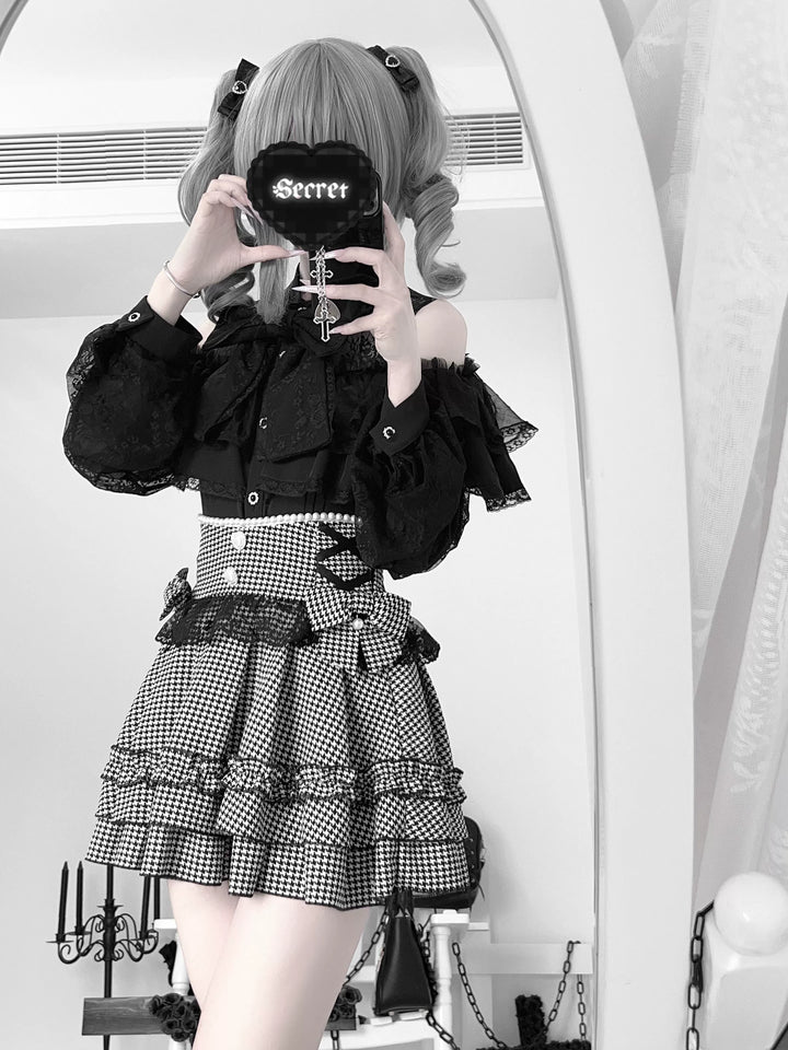 Jirai Kei Lace Skirt, Black Jacquard And Houndstooth Style 44163:801143