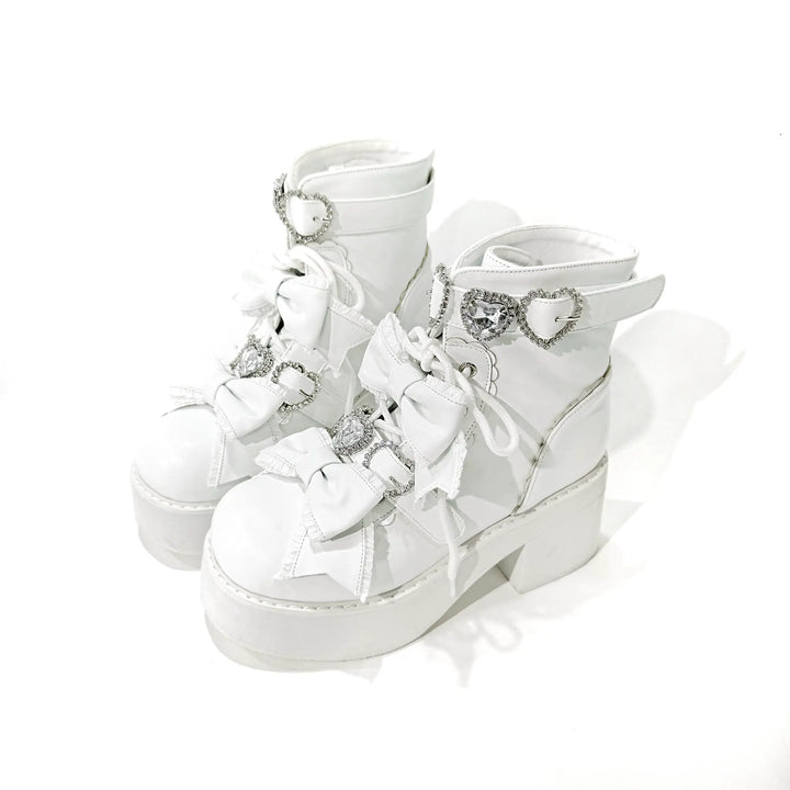 Jirai Kei Heeled Ankle Boots, Heart Rhinestone & Bows (35 36 37 38 39 40 41) 45865:873141