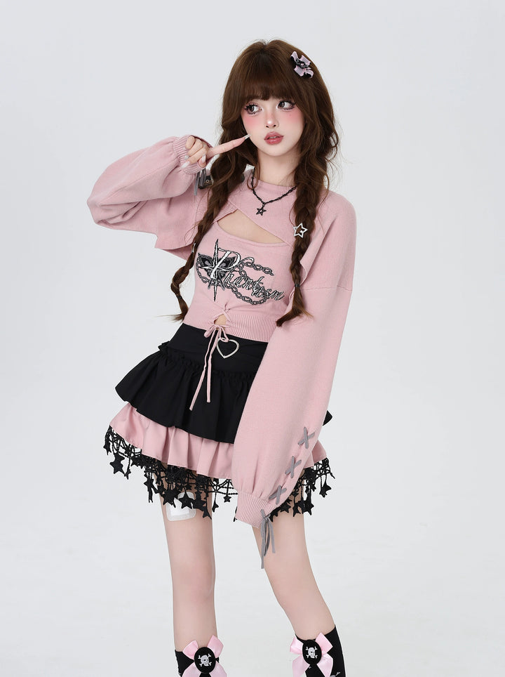 Gyaru Fashion Sweater Sexy Long-Sleeve Knitted Two-Piece Set (L M S) 41788:713652