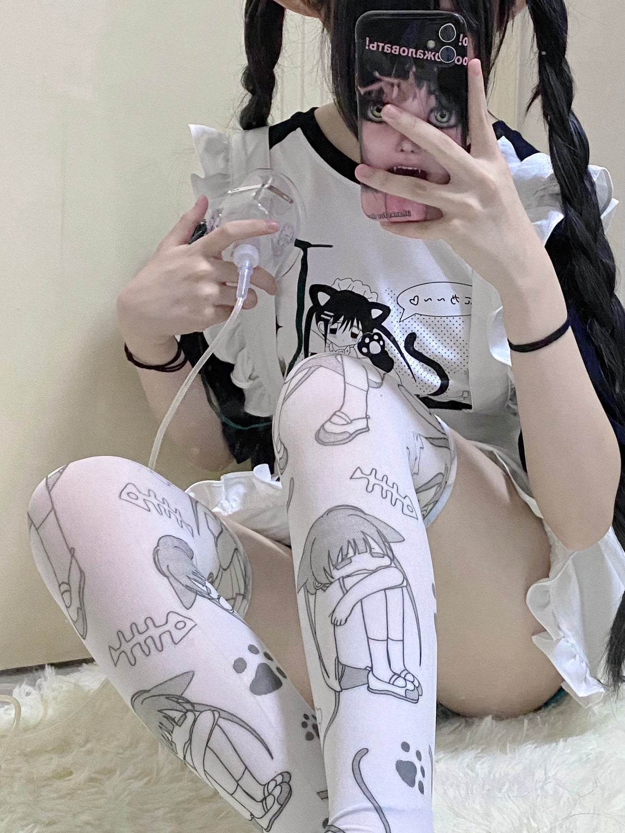 Yami Kawaii Socks Anime Print Socks White Velvet Thigh-high Socks 36620:526460