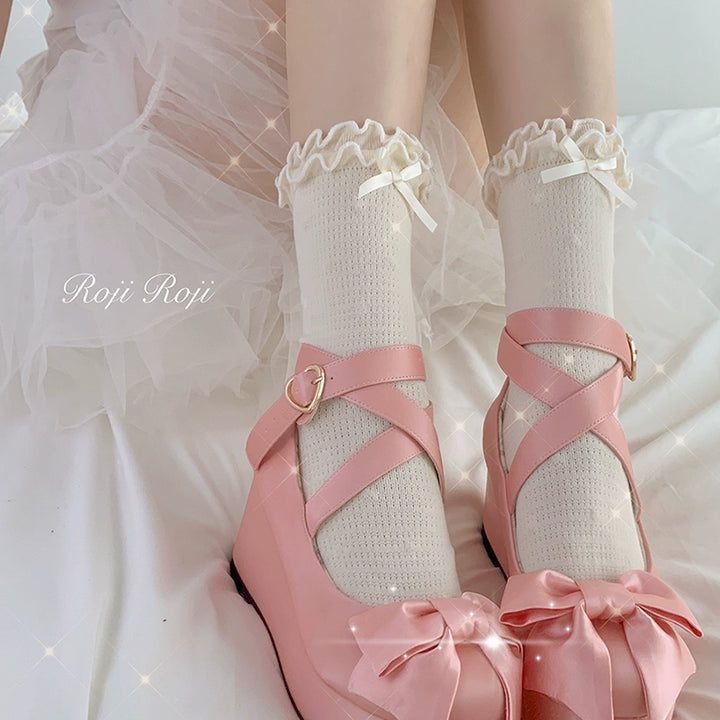 Lolita Socks Double Ruffle Trim Socks Bow Mid-Calf Socks 36566:610092