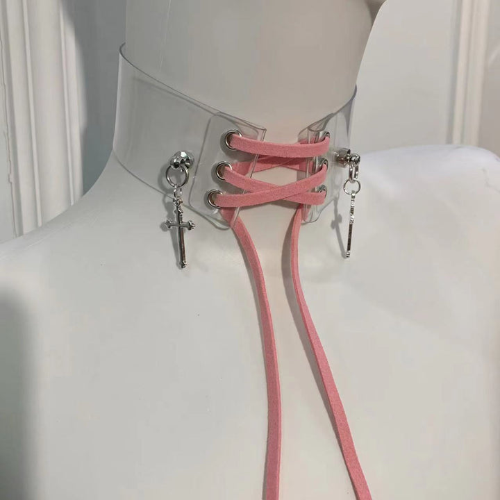 Jirai Kei Choker Transparent Cross Straps Necklace Multicolor (Pink) 29280:437220 (Pink) 29280:437220