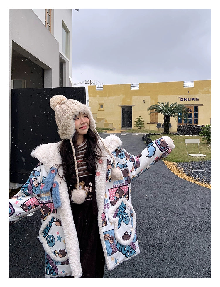 Kawaii Winter Coat Thickened Print Reversible Hooded Coat 39796:640870