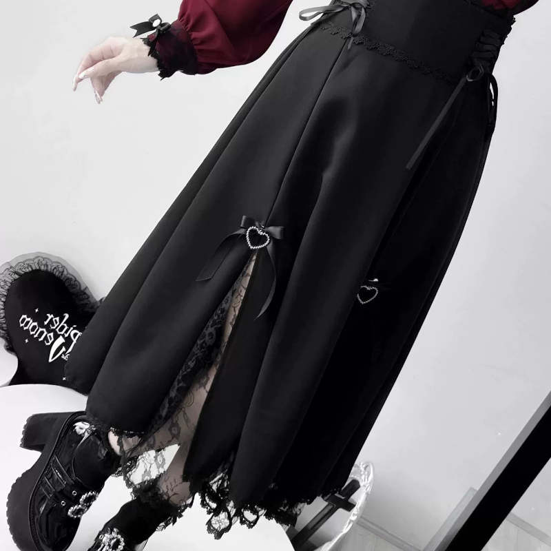 Jirai Kei Blouse Long Black Skirt Hight-waist Lace Up Skirt (2XL L M S XL) 41720:711584