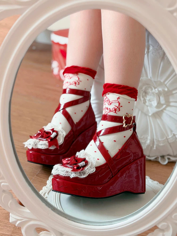 Sweet Lolita Wedge Shoes, Heart & Bow Details 45951:872542
