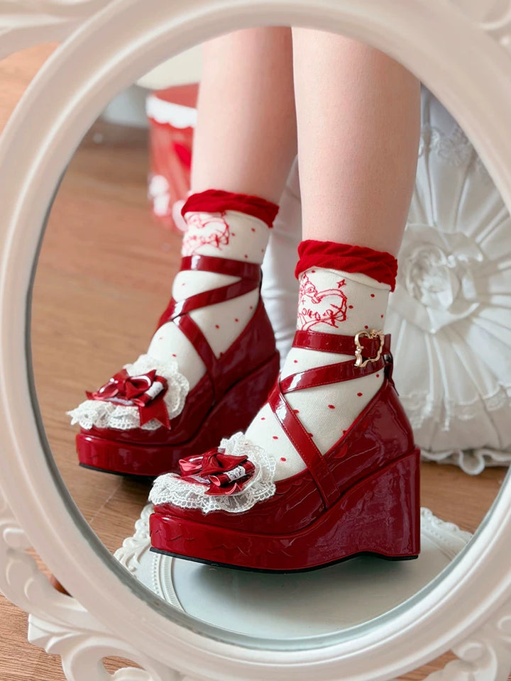 Sweet Lolita Wedge Shoes, Heart & Bow Details 45951:872542