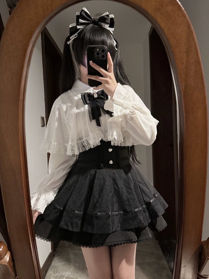 Jirai Kei Lace-cape Blouse, High-waist Skirt Outfit 43933:790389