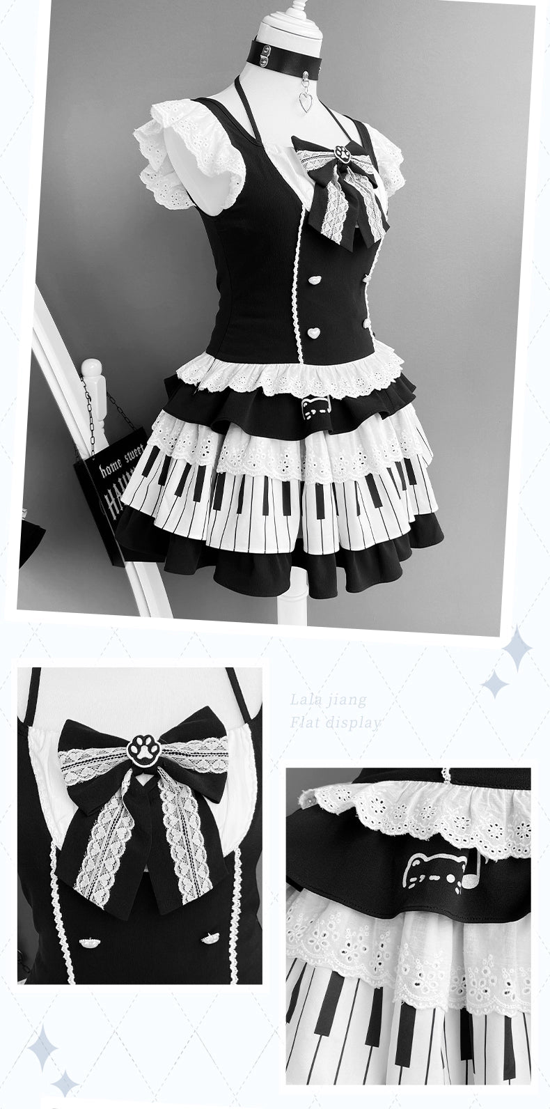 Halter Neck Kawaii Skirt Set, Cat and Piano Print 43577:780200