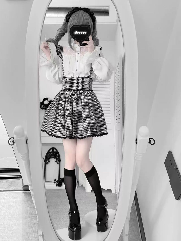 Jirai Kei Sheer Lace Shirt, Houndstooth Suspender Skirt 44894:827653