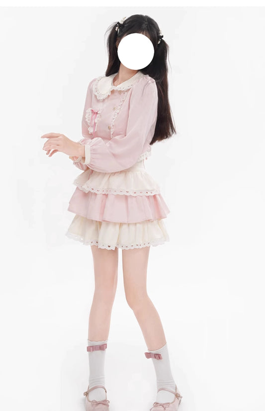 Kawaii Pink Outfit Set Sweet Tiered Skirt Set 37546:576772