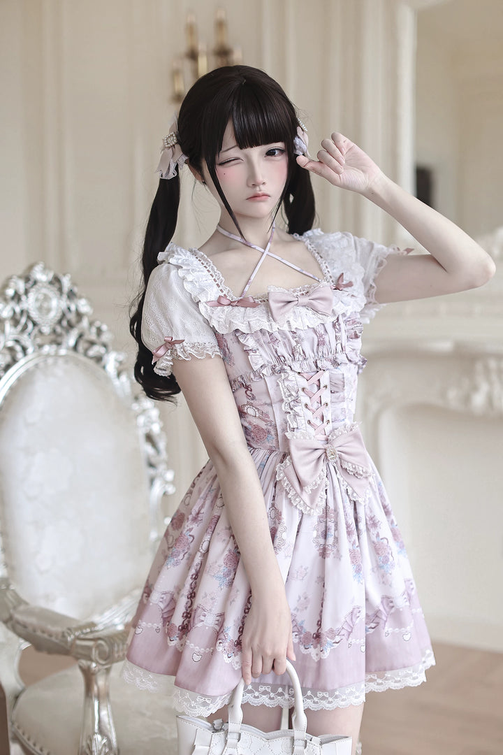 Floral Printed Ryousangata Dress, Halter Neck 45287:848654