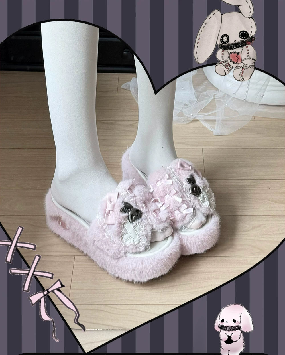 Jirai Kei Plush Wedge Platform Slippers, Bunny & Bow Accents 45959:870521