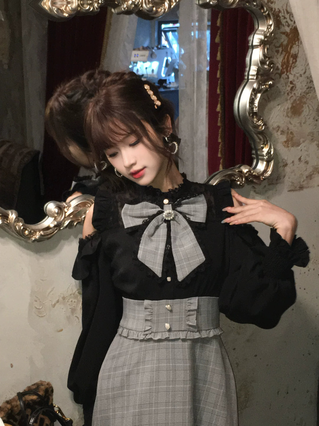 Jirai Kei Open-Shoulder Long Dress, Detachable Bow 44754:823907