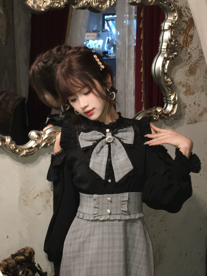 Jirai Kei Open-Shoulder Long Dress, Detachable Bow 44754:823907