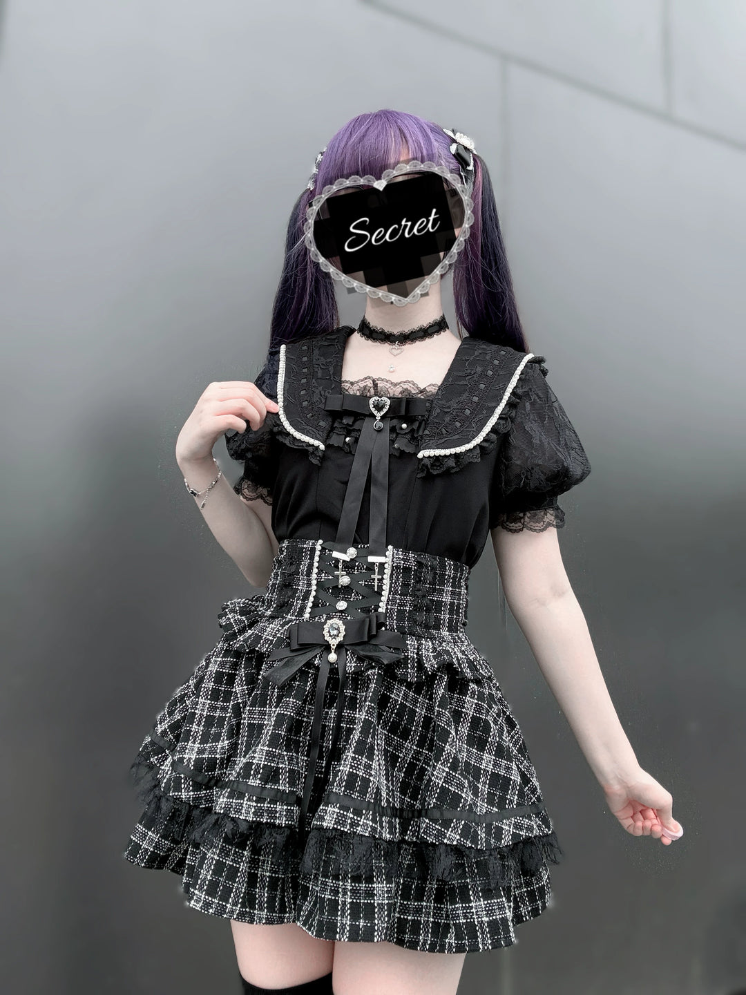 Jirai Kei Sailor Collar Blouse, Lace Puff Sleeves 45648:857937