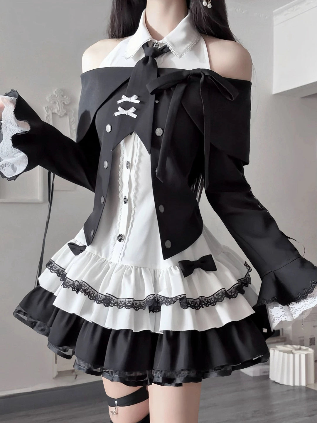 Jirai Kei Black White Dress and Jacket Set, Off-Shoulder 45988:871021