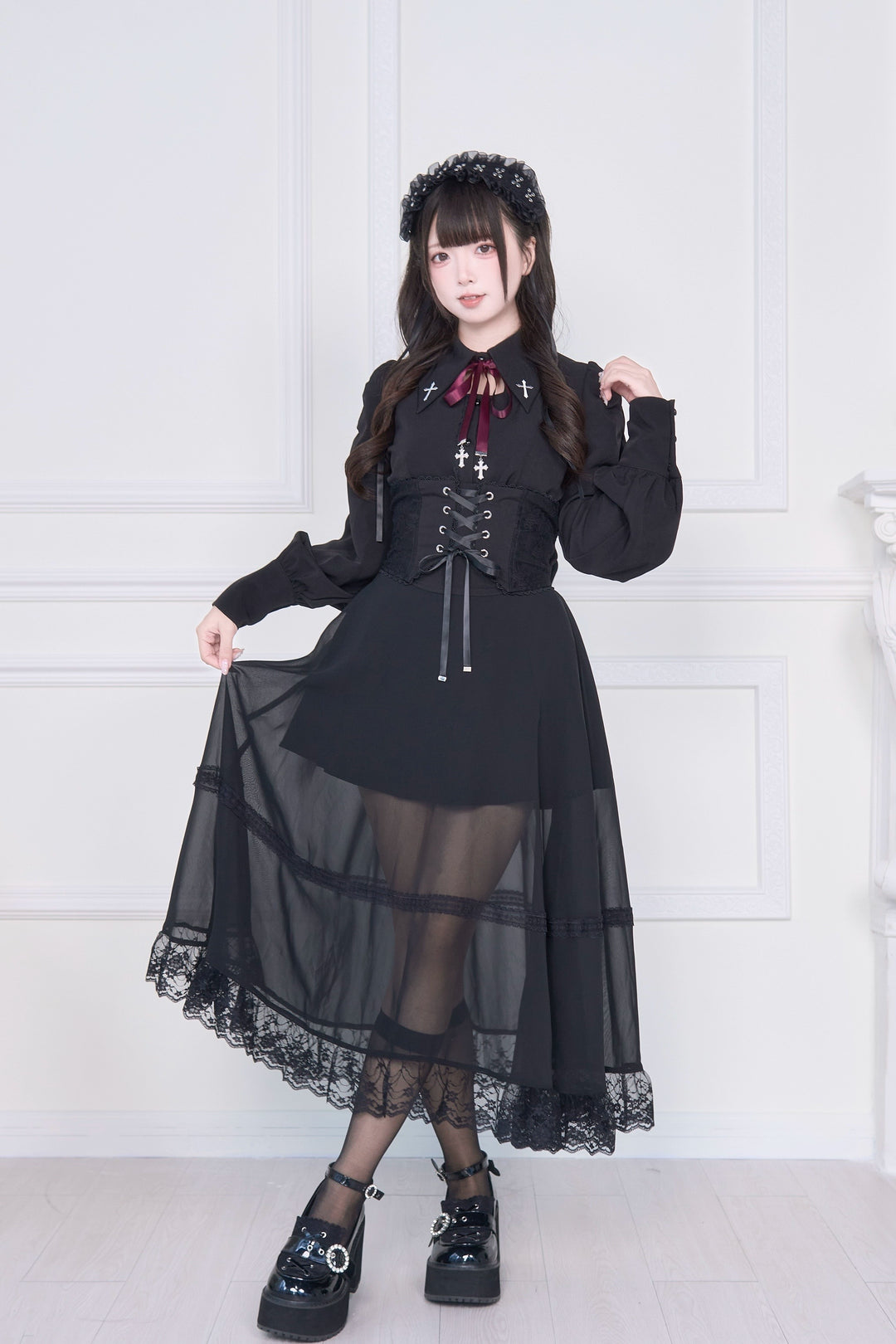 Waist Cincher Designed Jirai Kei Long Skirt 43941:789835
