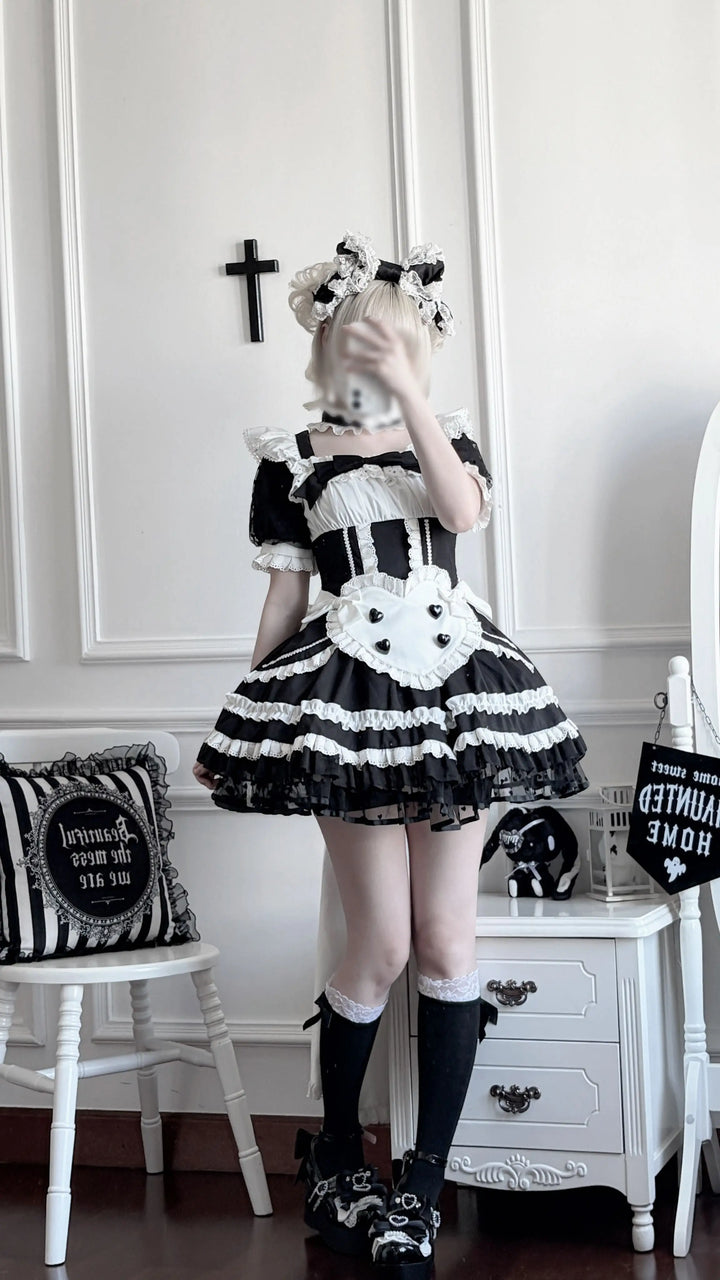 Black and White Maid Lolita Dress, Detachable Apron 46065:874563