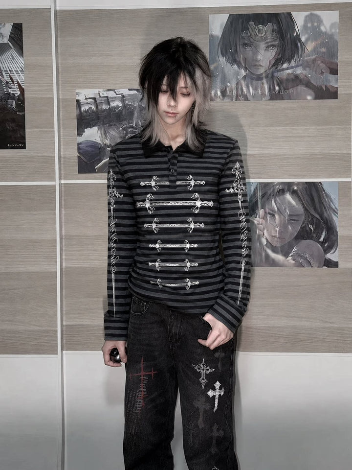 Gothic Striped Long Sleeve Polo Shirt, Carved Swords Print 46067:874781