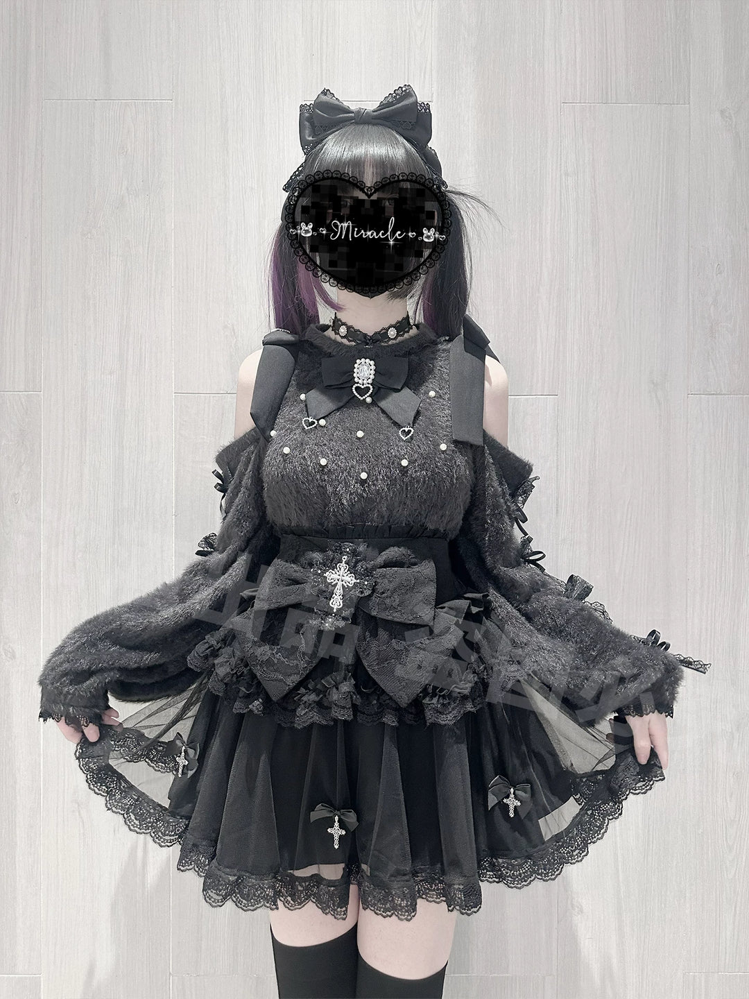 Jirai Kei Open-Shoulder Sweater, High-Waist Cross Skirt 44377:807413