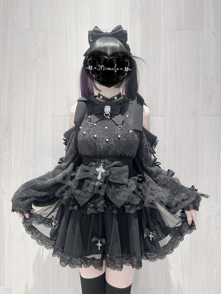 Jirai Kei Open-Shoulder Sweater, High-Waist Cross Skirt 44377:807413