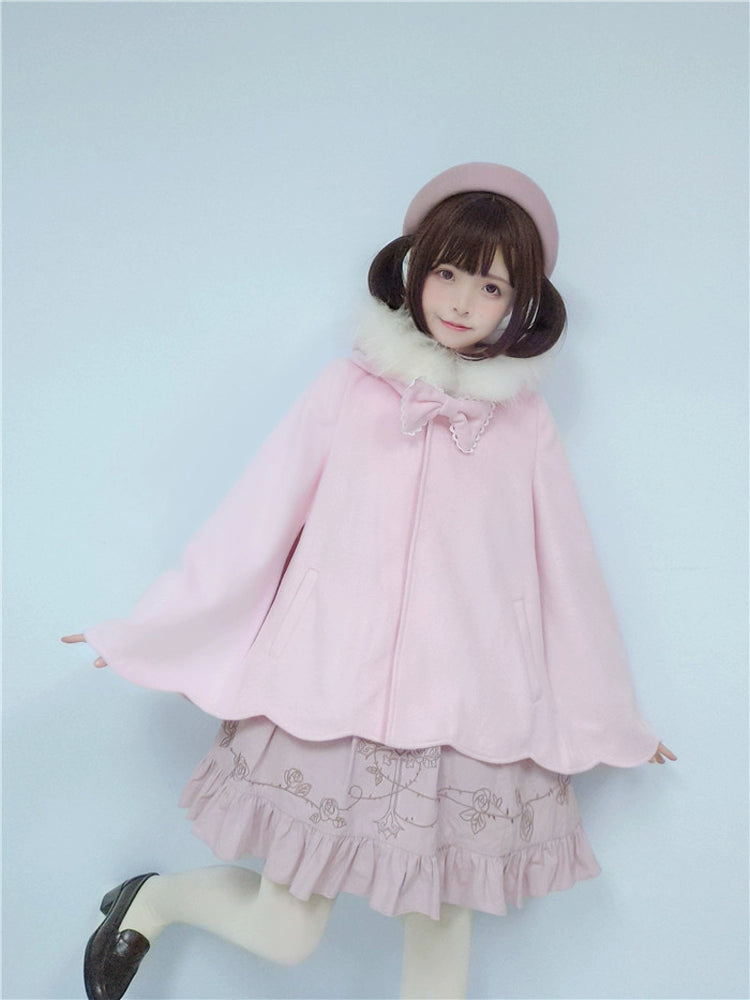 Sweet Lolita Winter Coat Woolen Coat Petal Hem Hooded Cape 40652:672134