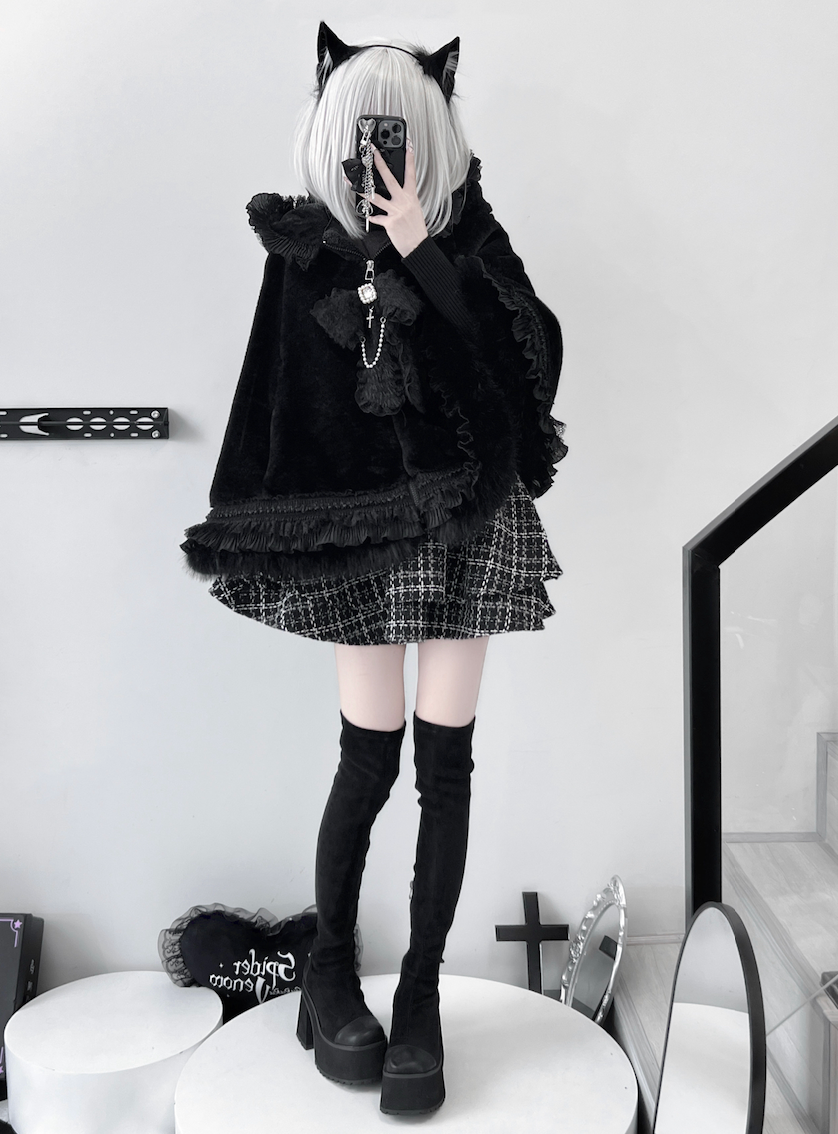Jirai Kei Winter Coat Fleece Hoodie Cape Coat With Cat Ears Jirai Kei Winter Coat Fleece Hoodie Cape Coat With Cat Ears